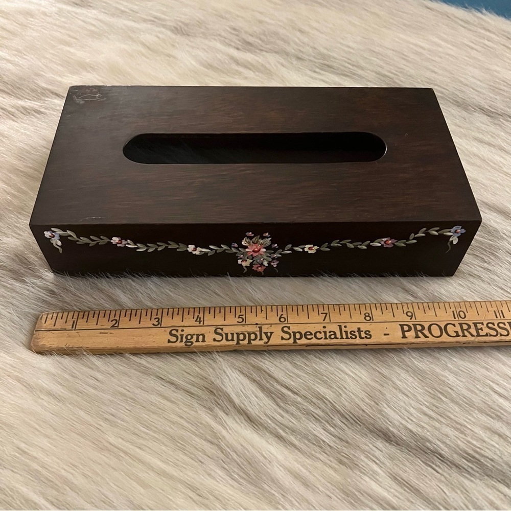 Vintage HANDPAINTED Flowets Dark Wooden Rectangle Tissue Box Covet Midcentury - Picture 10 of 12